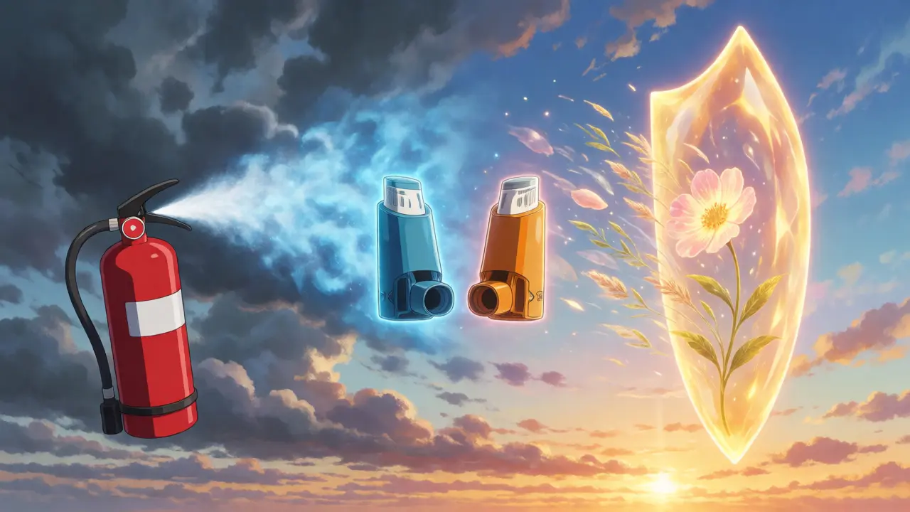 Illustration métaphorique comparant l'inhalateur de secours et de fond sous un ciel crépusculaire.