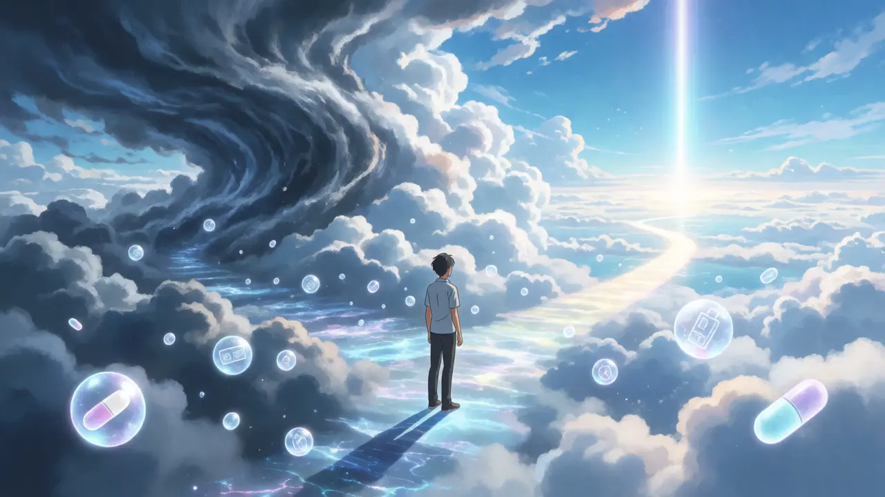 Personnage face à deux chemins symboliques sous un ciel nuageux lumineux.